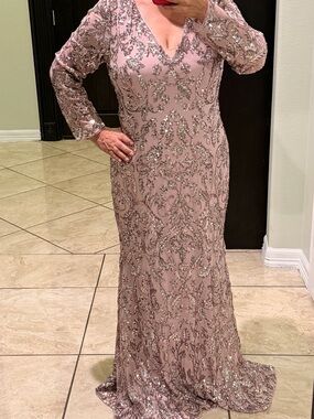 Elegant Beaded Long Sleeve Evening Gown - Blush Pink